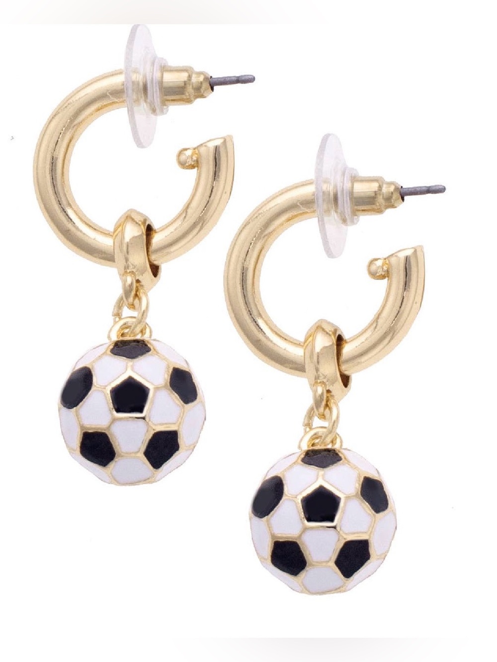 Gold Hoop Earrings with Black & White Soccer Ball Dangles